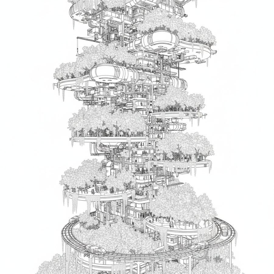 Dibujo a línea de una torre de plataformas con vegetación